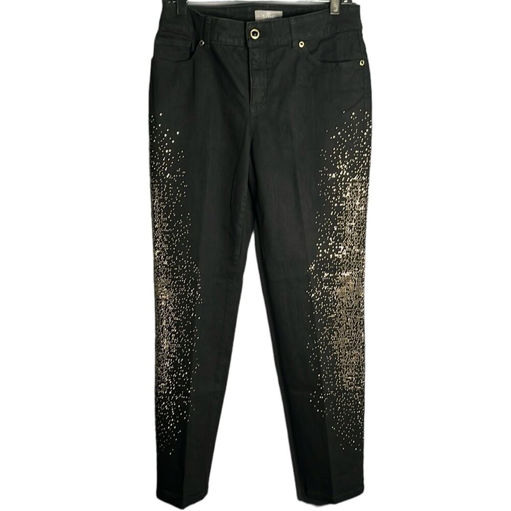 Chico’s Black So Slimming Straight Leg Mid Rise Jeans Gold Studs XS